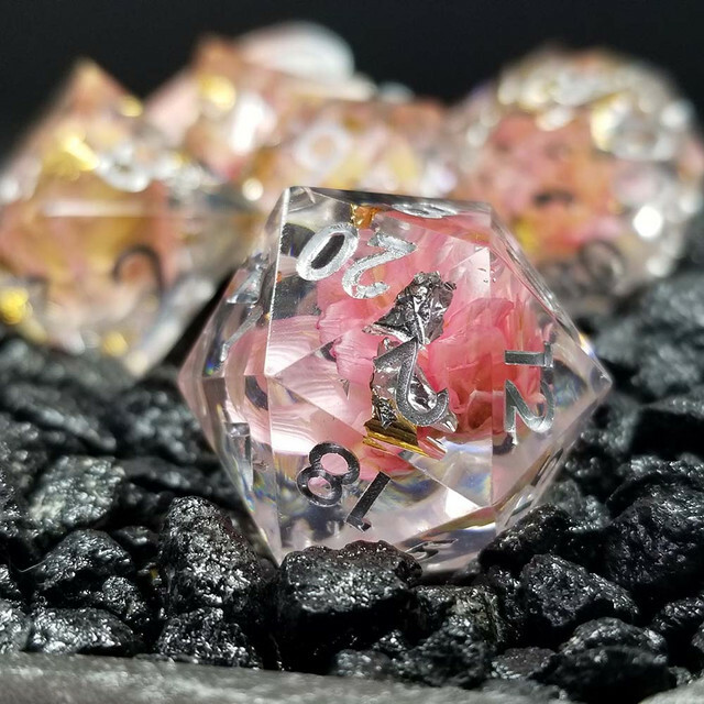 Sage’s Enchanted Flower Pink Sharp Edge Resin Polyhedral Dice Set DnD
