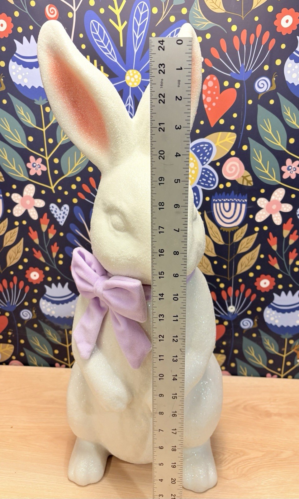 Large 25” Blow Mold Bunny Rabbit W/ Velvet Lavender Ribbon And Glitter Coating