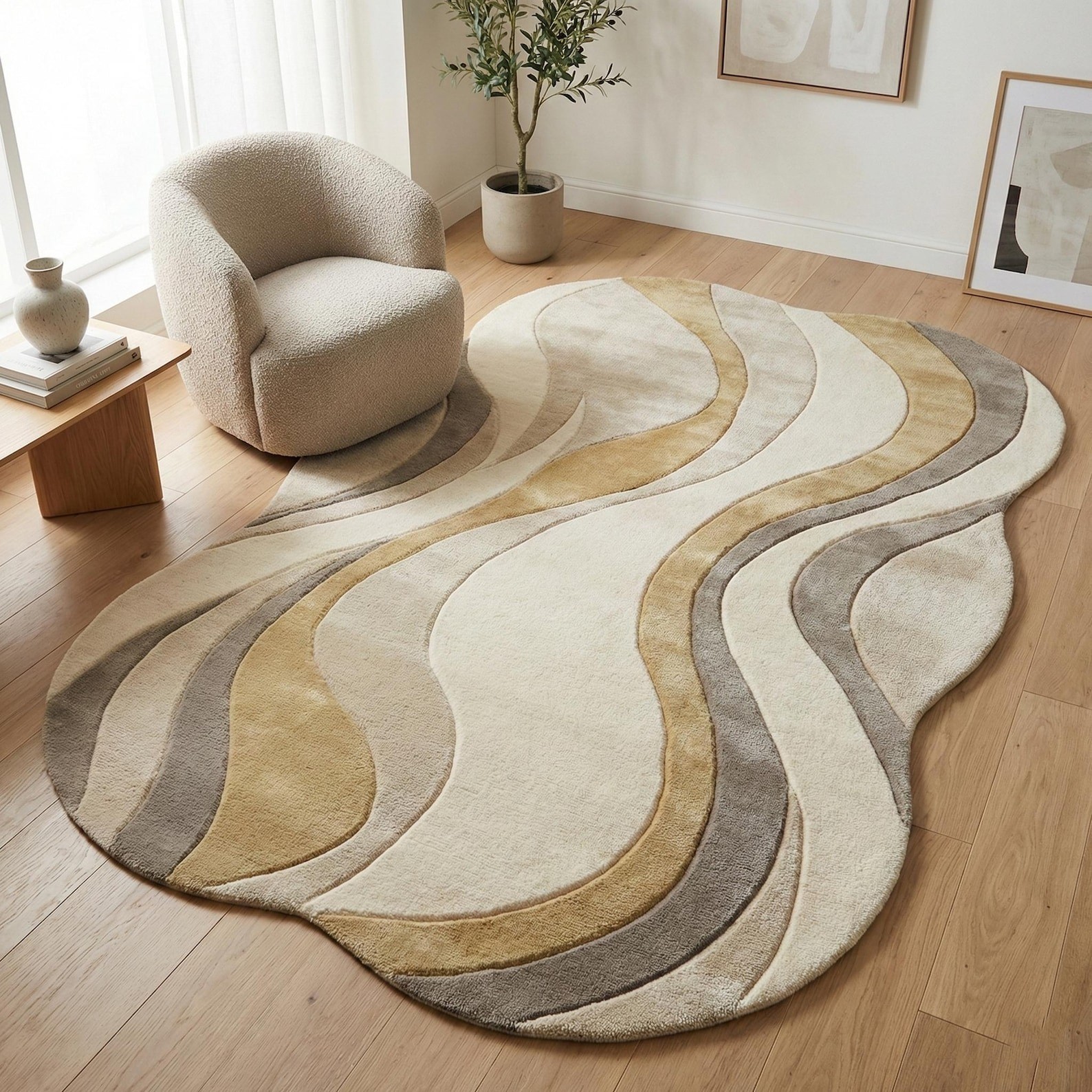 Modern Abstract Wave Rug Irregular Shape Neutral Tonal Beige Sculpted Rug 5x8