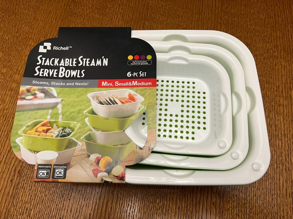 Richell Stackable Steam n Serve Bowls Colanders 6pc set NEW