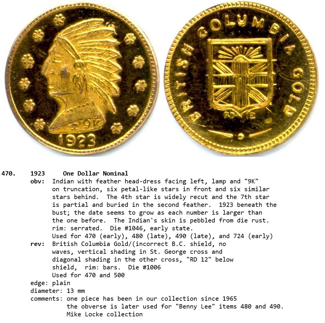 1923-DATED CANADA G&L-470 BRITISH COLUMBIA GOLD (ONE) POP 1 R8