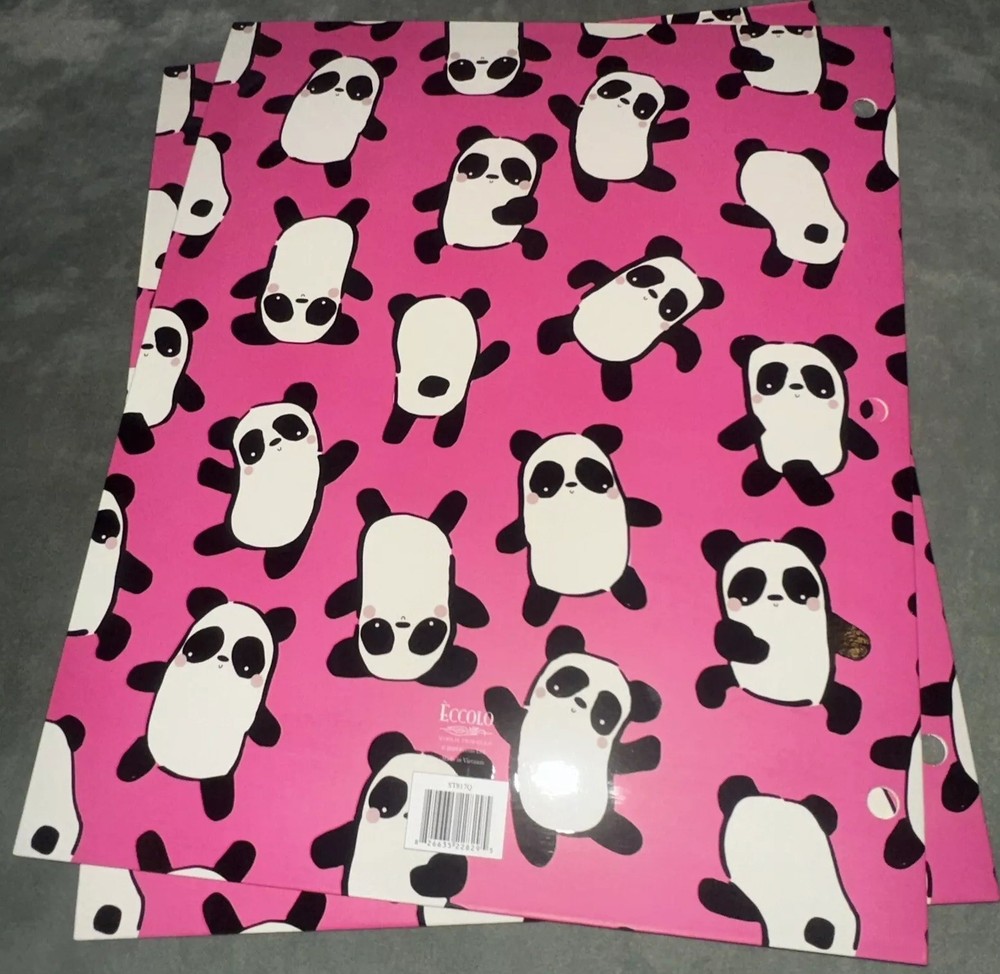 2 Cute Pink Panda Folders by Eccolo - NEW. Paper Folder W/pockets. 3 Ring Binder