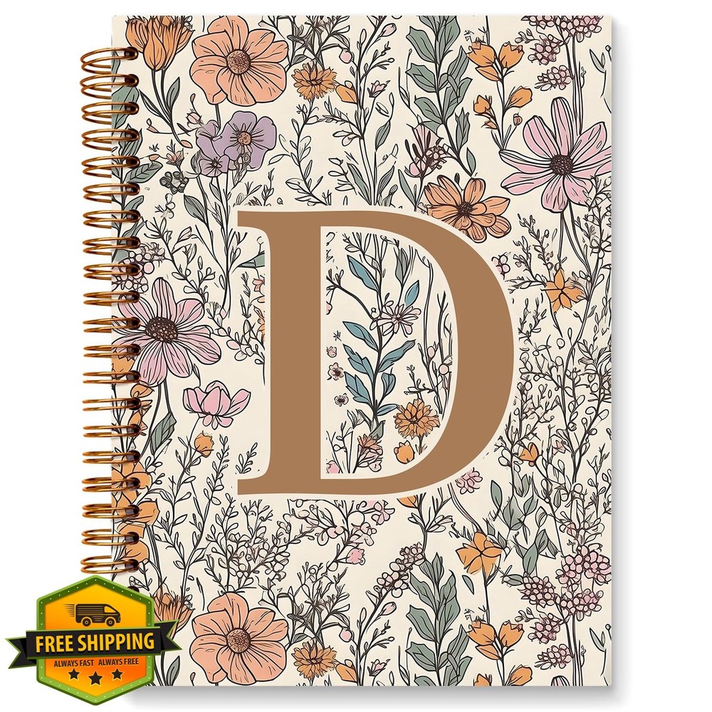 JXREQ Boho Floral Initial D Notebook Journal Spiral 5.5x8.3