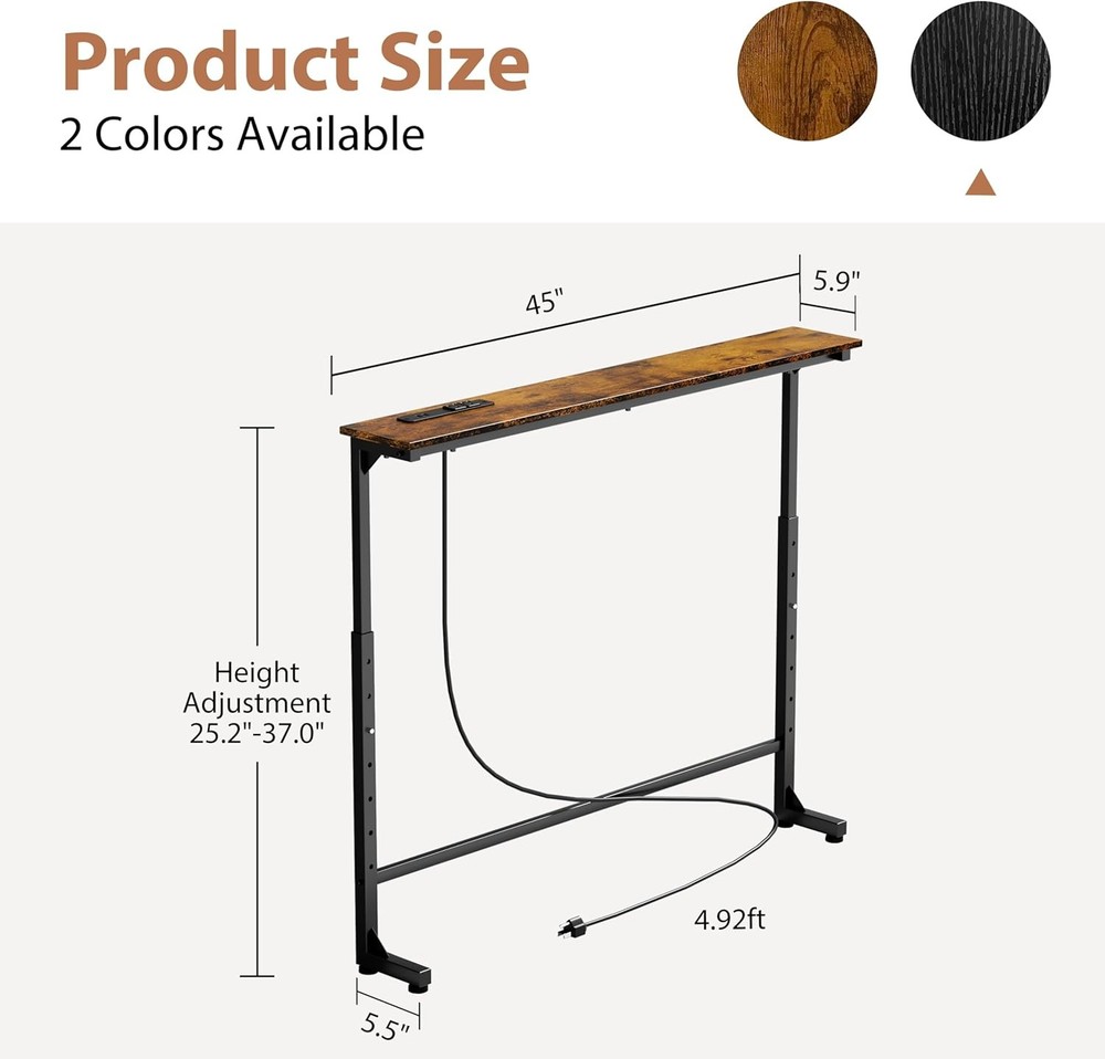 45" Adjustable Height Narrow Console Table W/ Power Outlets Long Sofa Table Home