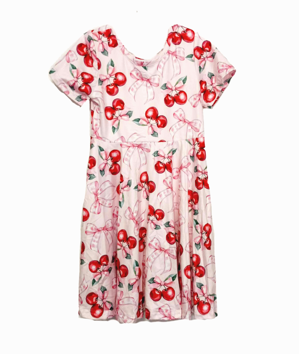 New Rylee Faith Girls Cherries Bows Dress Size 7 Pink Red Short Sleeve Pullover