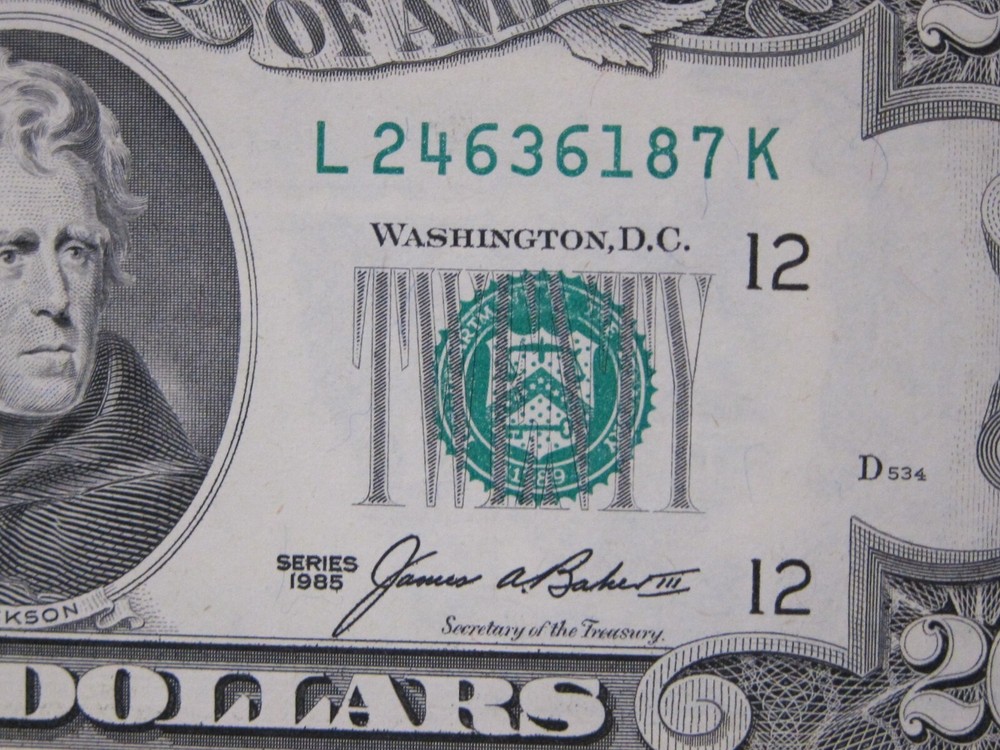 1985 $20 Printing Error on Back #L24636187K