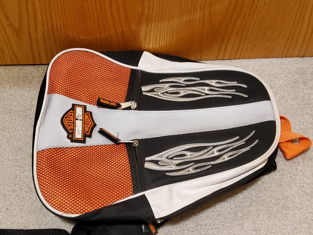 Harley Davidson White Black Red Flames Designer Padded Backpack Harley Shield