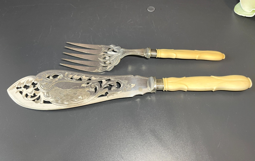 Antique Victorian Silver Plate Serving Fish Knife & Fork Set