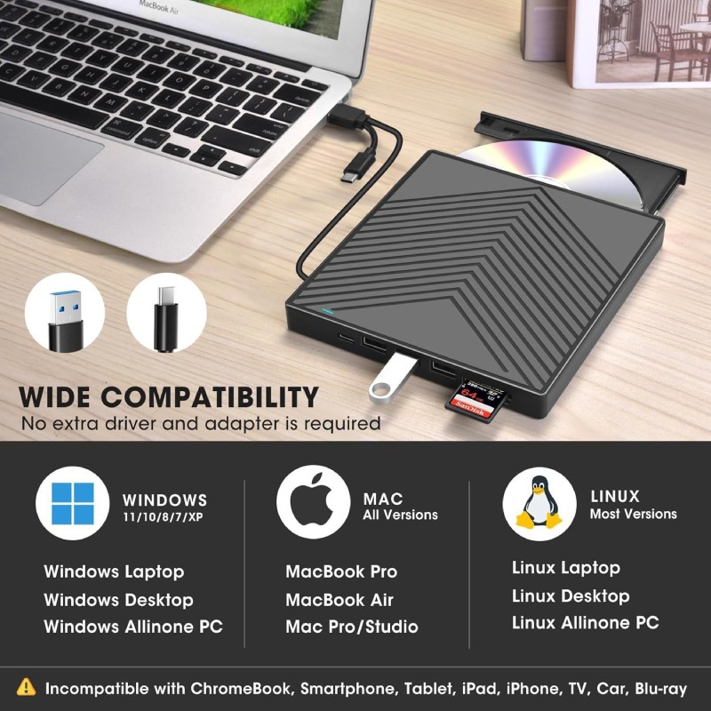 External CD DVD Drive USB 3.0 Writer Burner Player for PC Laptop Windows 11 10
