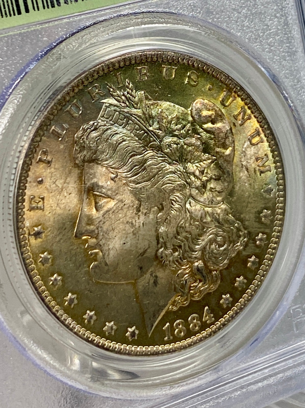 1884-O Morgan Silver 1$ Dollar PCGS MS 63 OGH Yellow with Blue Toned