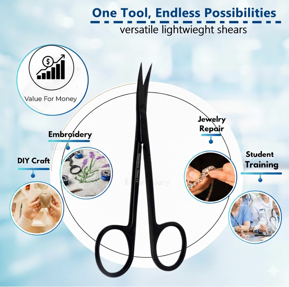 4.5" Micro IRIS Dissecting Scissors Curved Pointed Tips Stainless Steel-Black