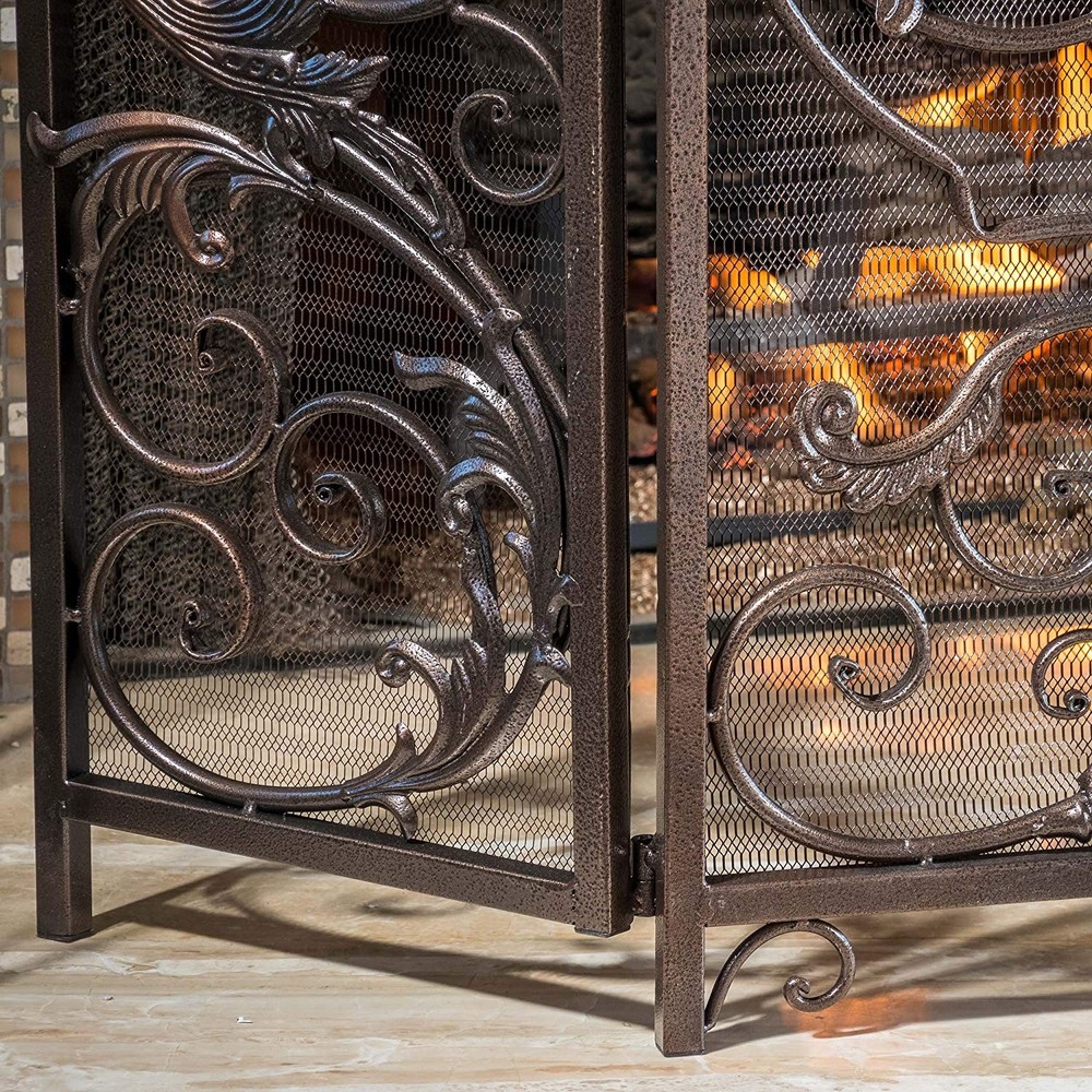 Black Gold Finish Fireplace Screen 3 Panel Folding Wrought Iron Arch Scrollwork
