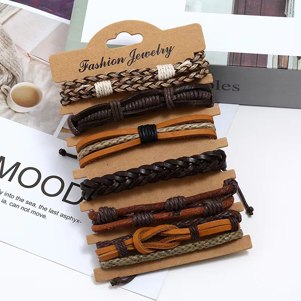 6/12PCS Men Women Braided Leather Rope Bracelet Set Wristband Bangle Tribal