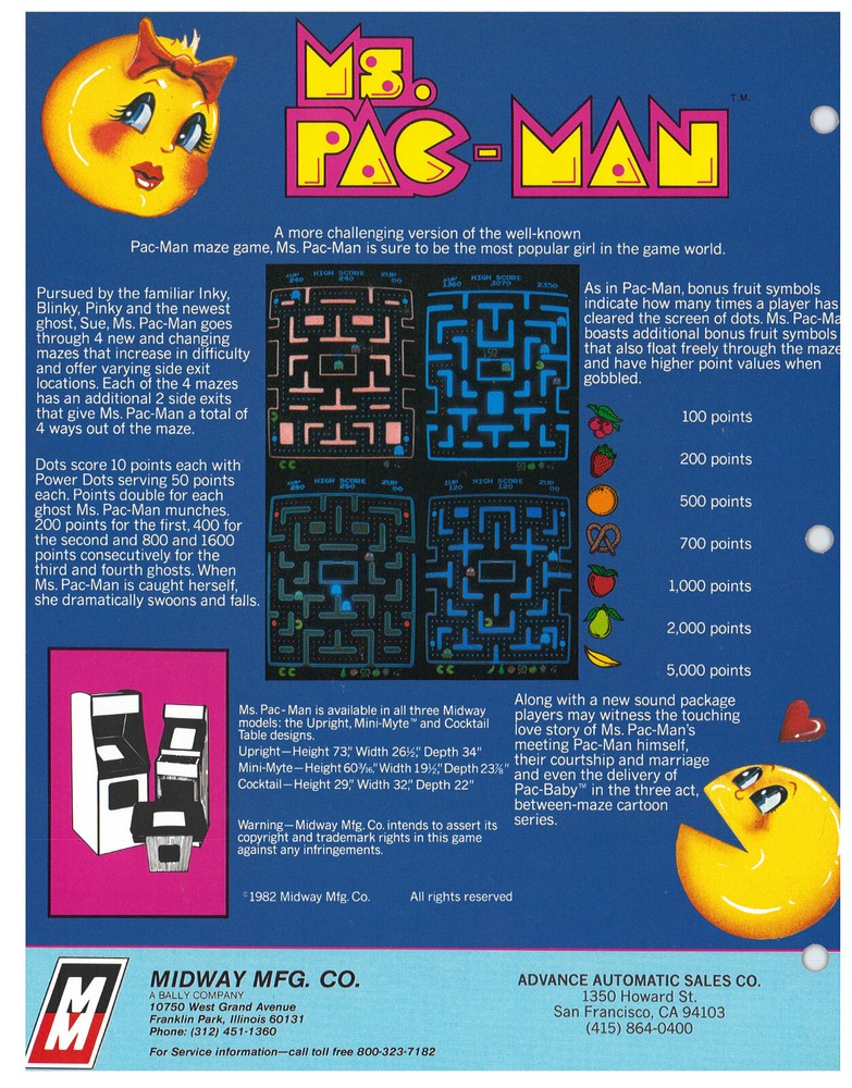 Ms Pac-Man Midway Video Arcade Flyer / Brochure / Ad /