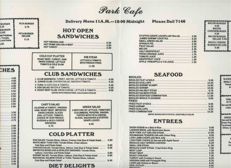 Park Cafe Menu Connecticut Breakfast Lunch and Dinner