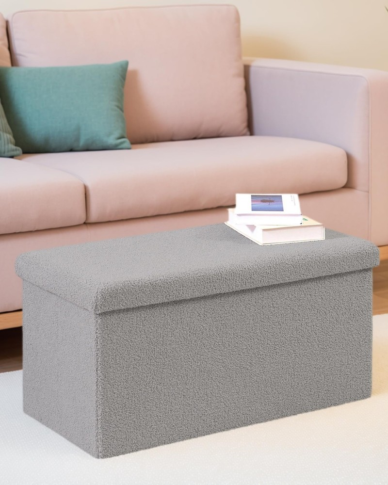 30 Inch Storage Ottoman Bench, Boucle Folding Ottoman Footstool, Rectangular ...