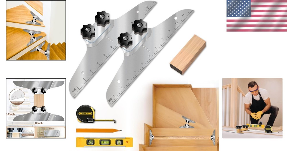 Precision Stair Tread Template Tool Set with Level & Tape Measure - Durable Iron