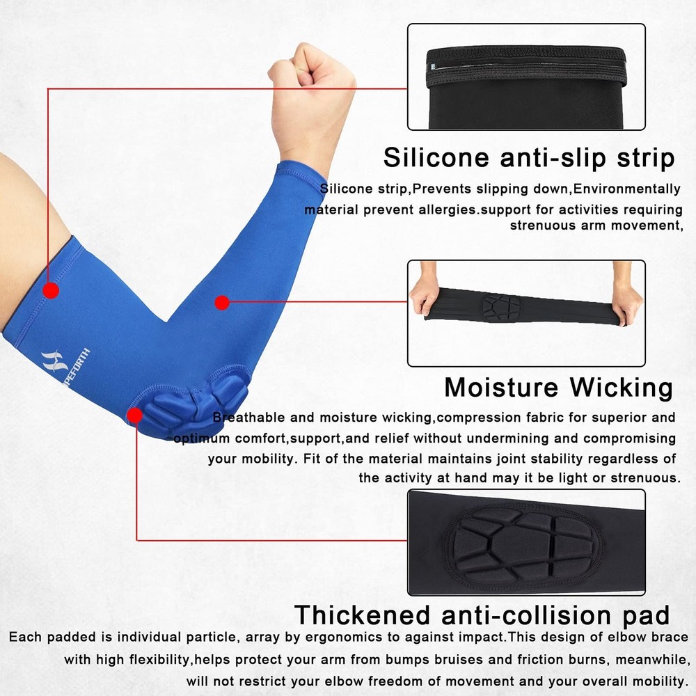 2PCS Padded Elbow Sleeves Compression Arm Protective Support Blue Elbow Pad