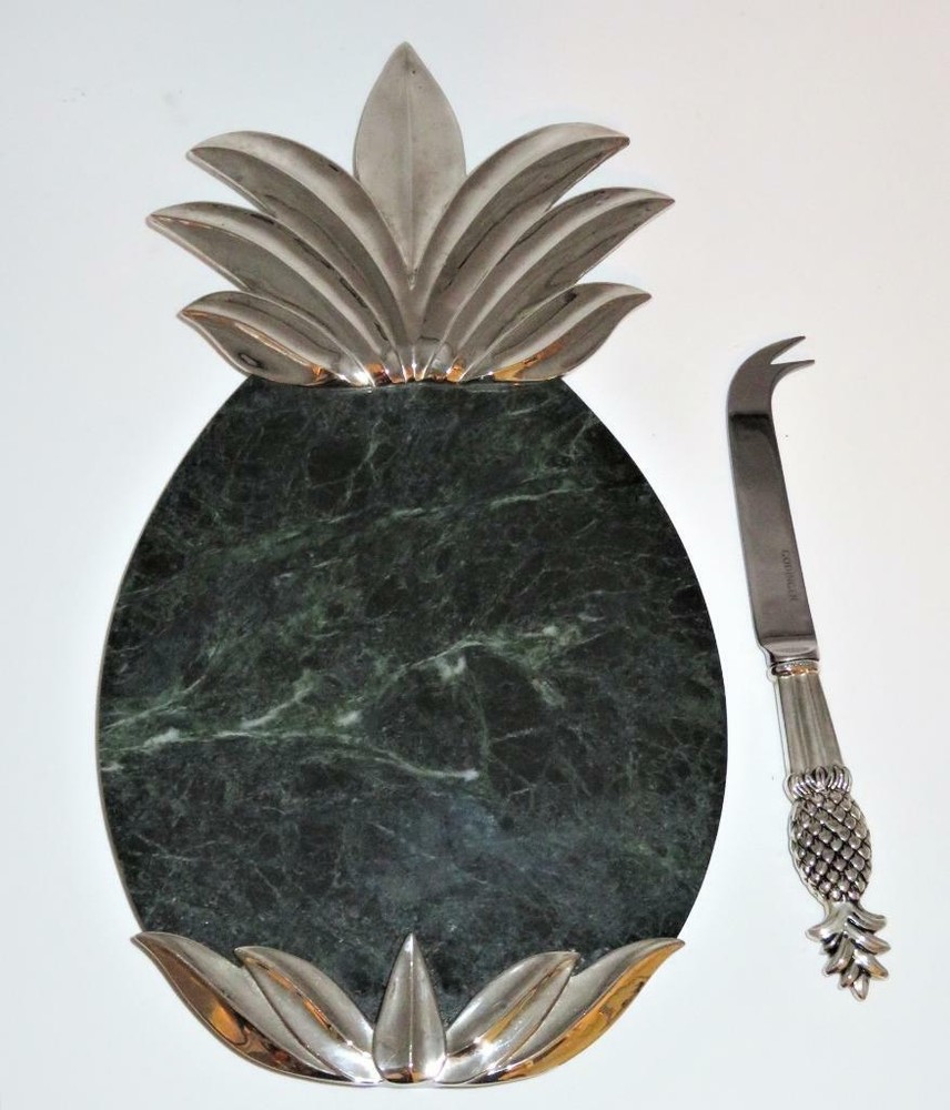 Godinger Silver Plated Pineapple Green Marble Cheese Cutting Board w/ Knife 13"