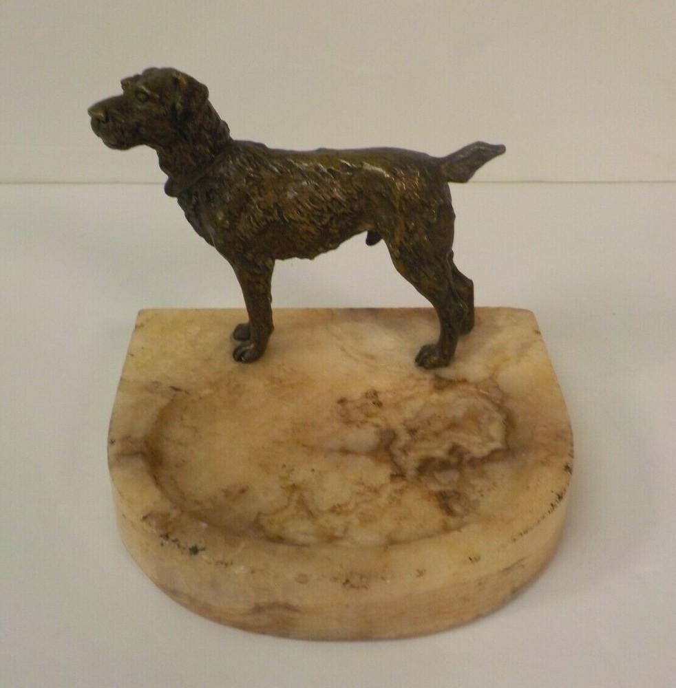 Bronze Dog Sculpture, Alabaster Base Desk Accessory