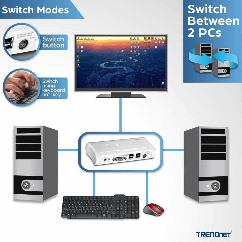 TRENDnet 2-Port DVI/USB KVM Switch Kit with Audio (Includes 2x KVM cables)