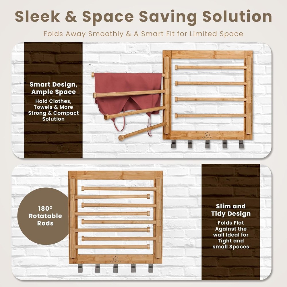 Bamboo Wall Mount Drying Rack for Laundry Collapsible Foldable Clothes Dryer