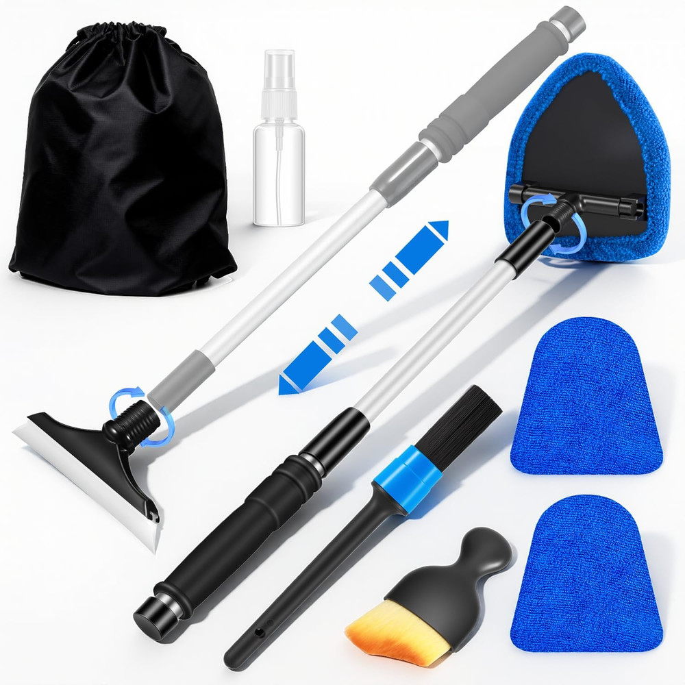 Windshield Cleaner Tool, Car Interior Cleaning Kit with Extendable Handle and 3