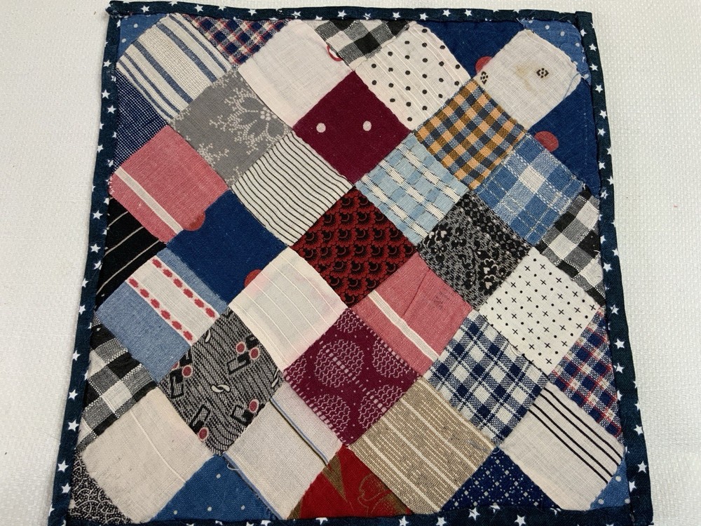 Vintage Patchwork Quilt Table Topper, Four Patch, Early Calico Prints, Blue, Red
