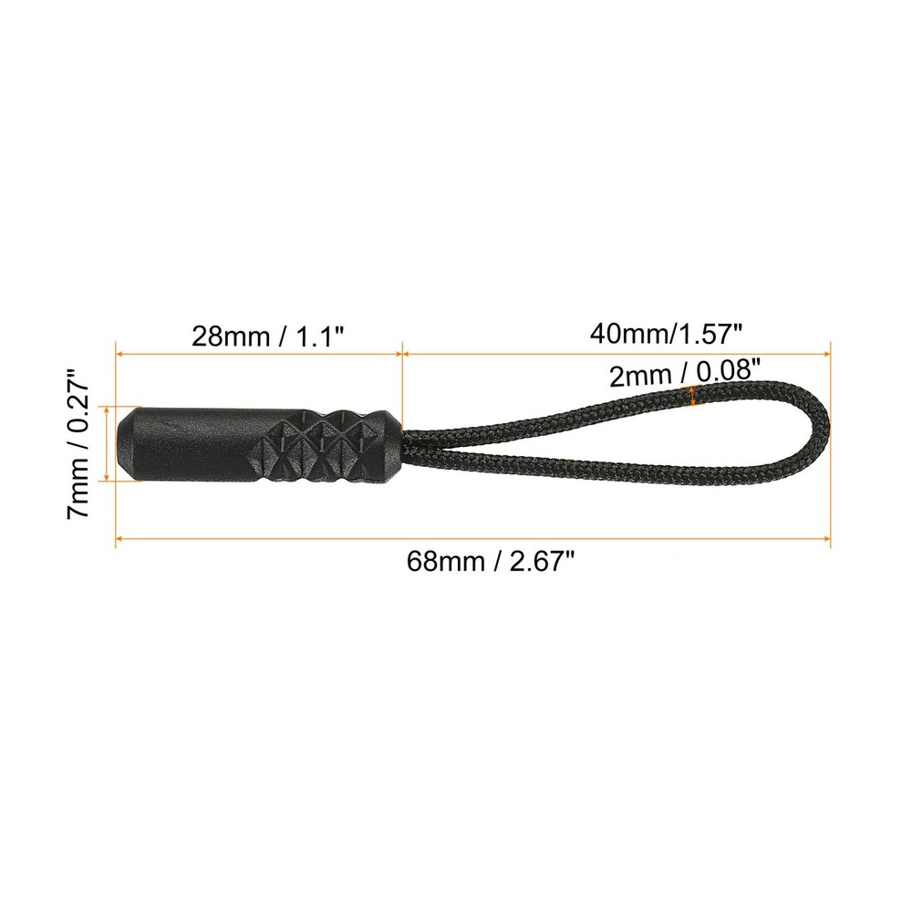 Zipper Pulls Extension Handle Cord, 10 Pack Plastic Cylindrical Head, Black