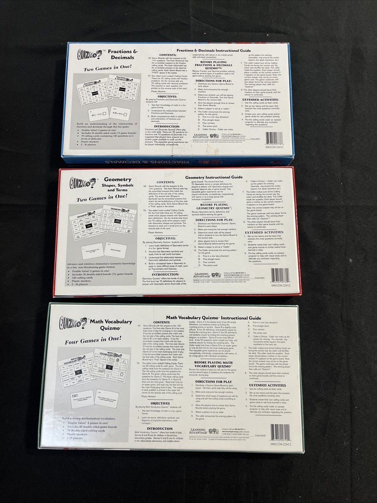 3 Quizmo Games Math Geometry, Fractions 9+ Phonetics 6-8 Learning Advantages