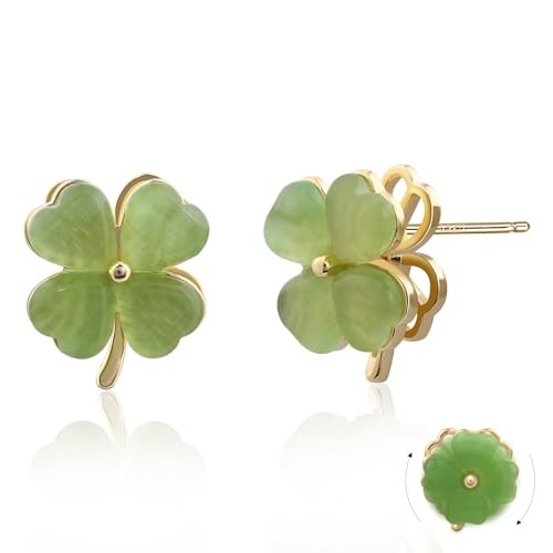 Rotatable Four Leaf Clover Earrings Stud Jade Earrings Green Stud Gold