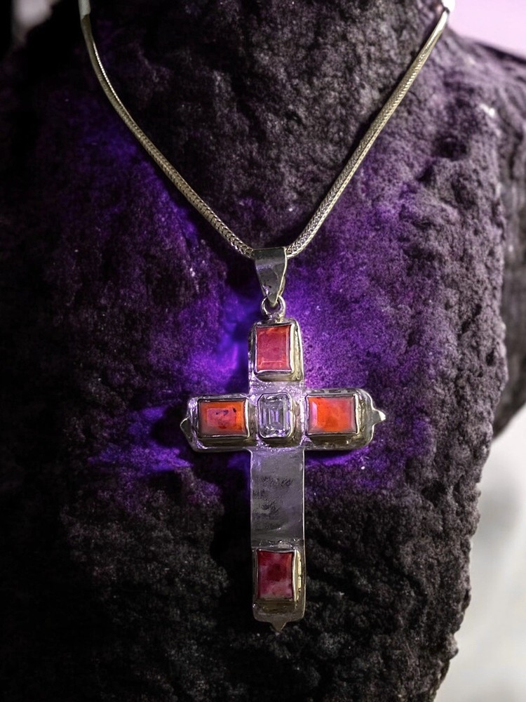 Fluorescent Tugtupite & Diamond Cross Pendant