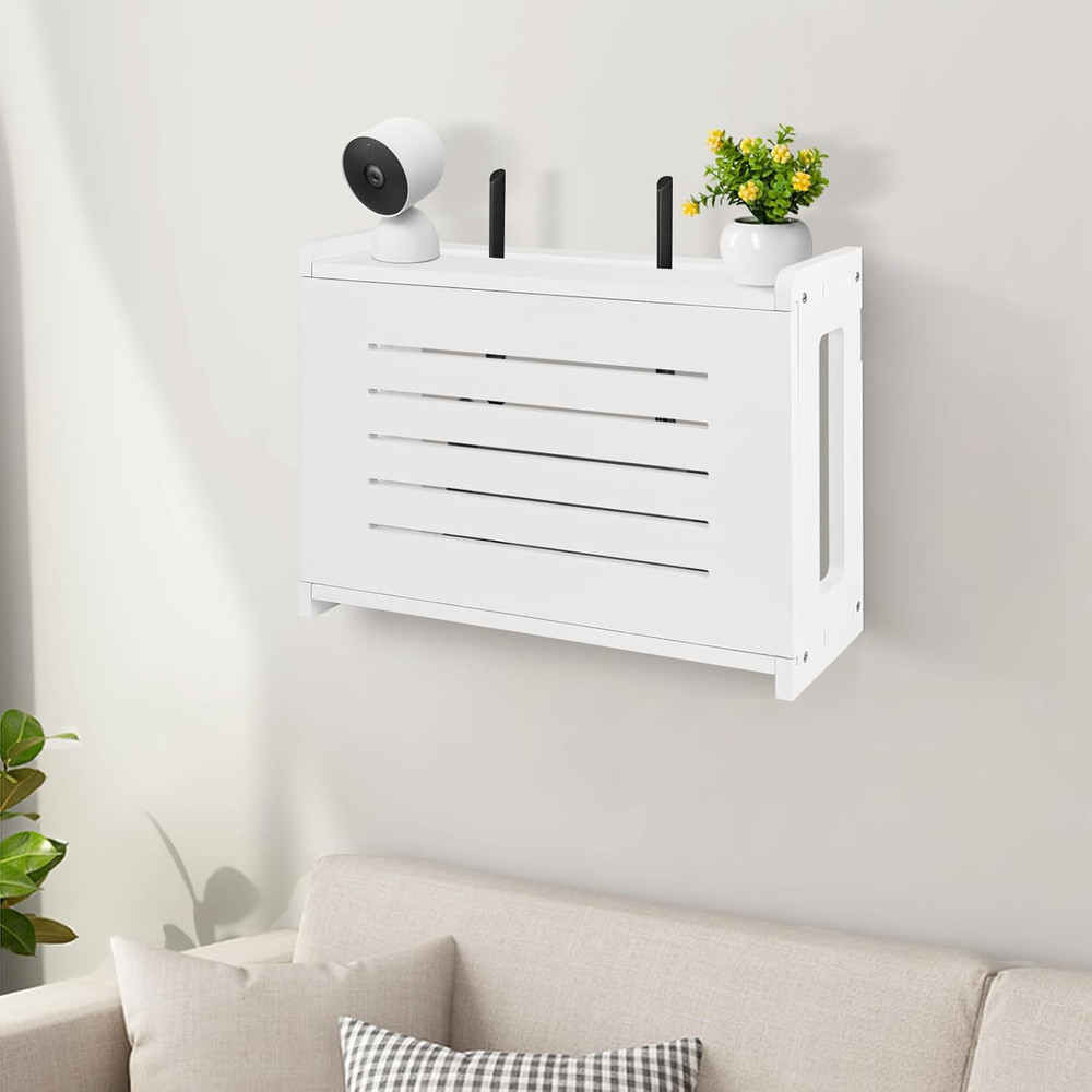Wall-Mounted Router Shelf with Cable Management - Solid Wood, White Finish