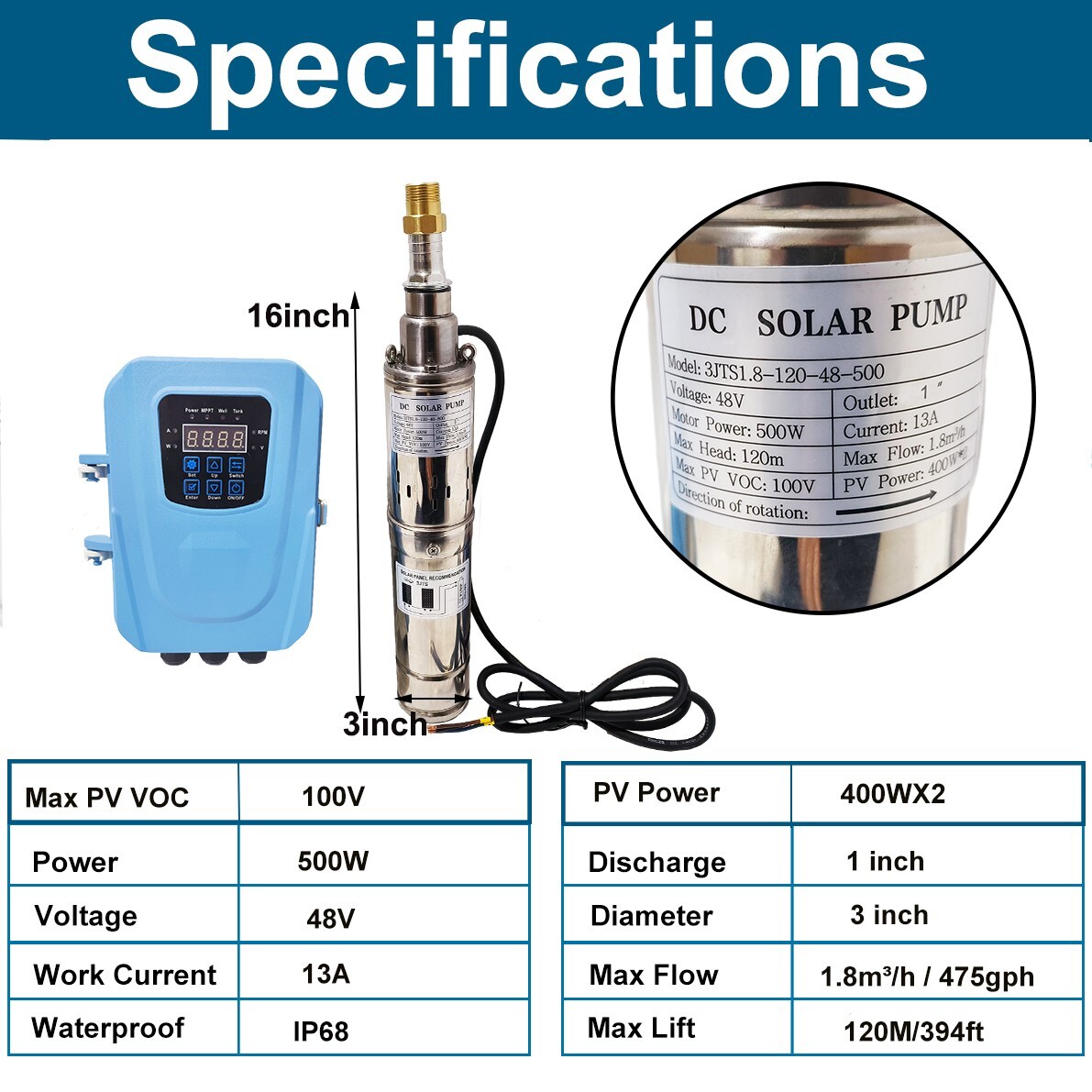 3" Solar Pump Submersible Pump Bore DC 48V 500W Deep Well Pump + MPPT Controller