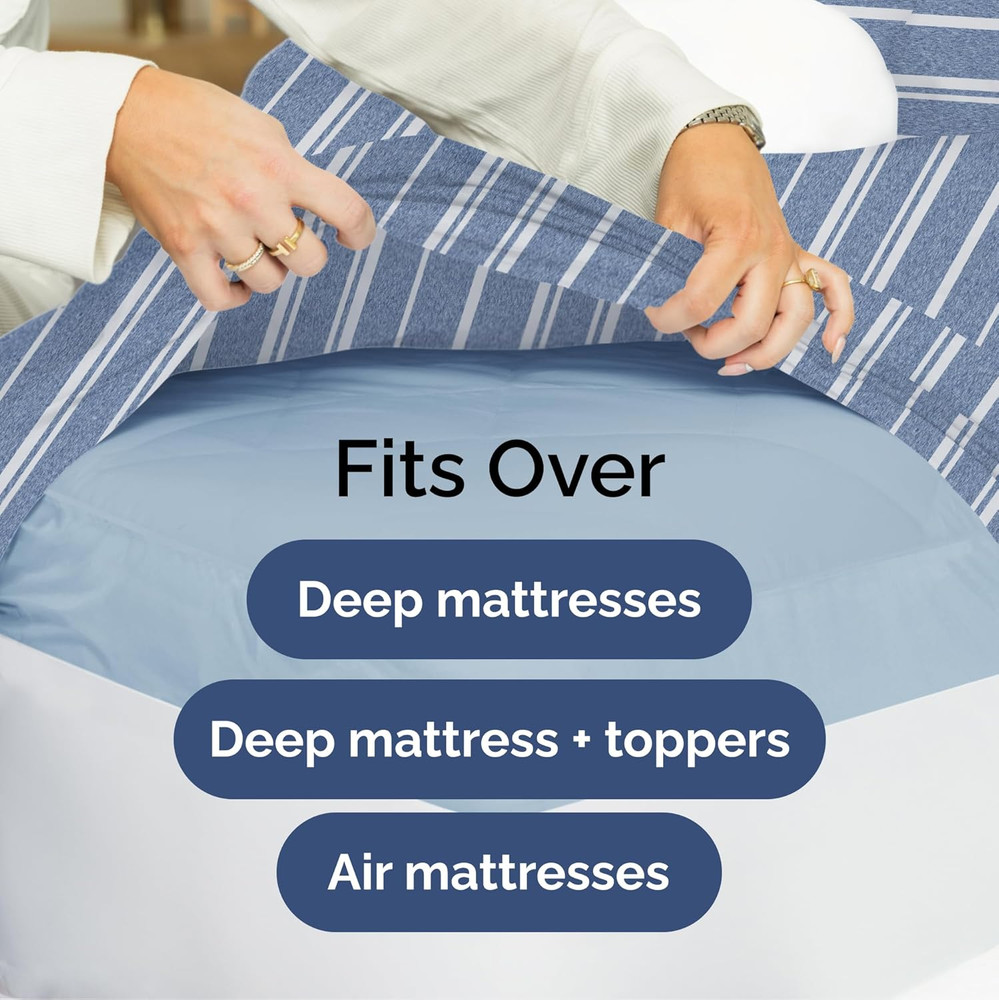 Cooling Extra Deep Split King Sheet Set - 7 Piece Luxury Bedding - Blue Stripes
