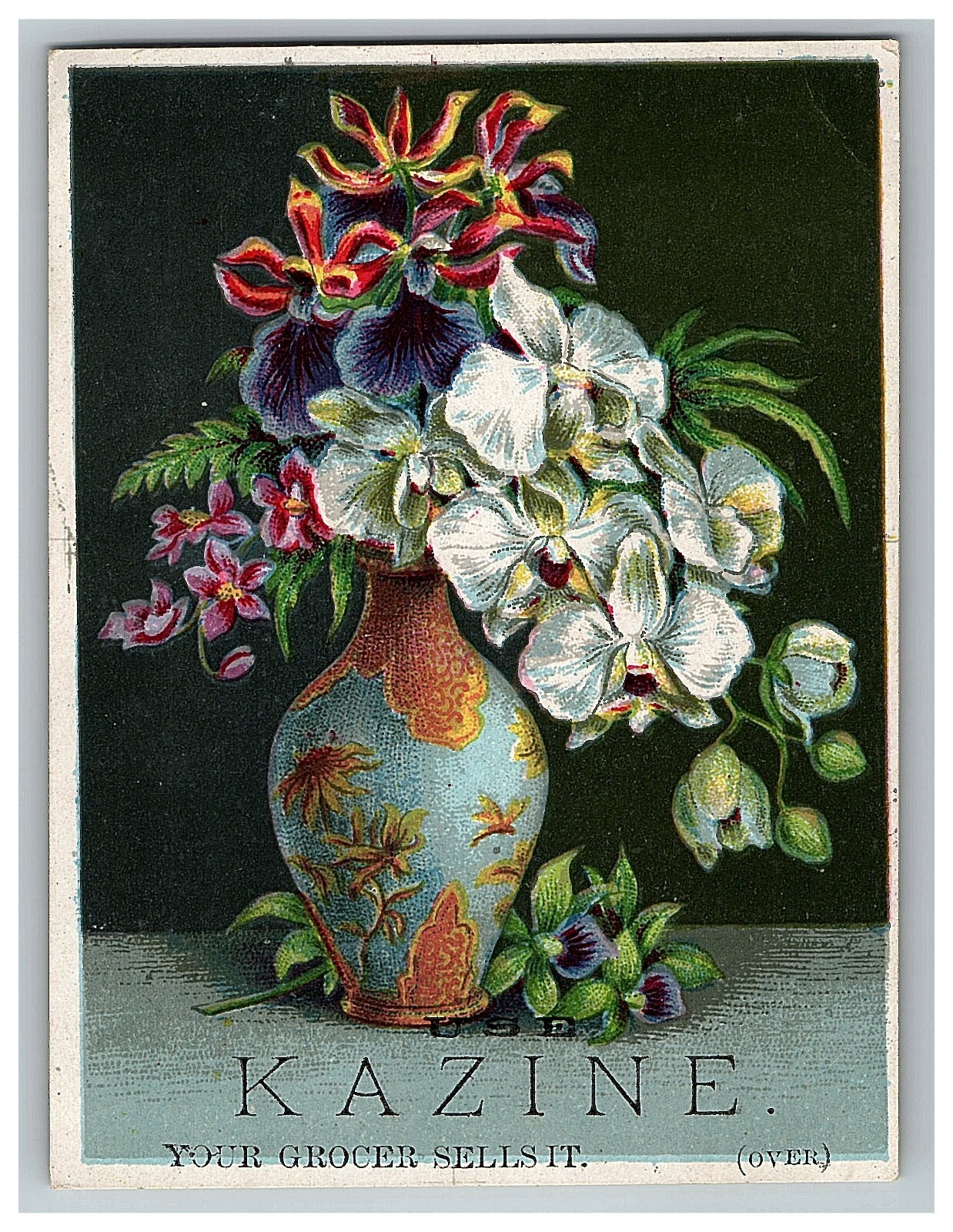 1880's Victorian Trade Card Kazine Washing Compound Flower Bouquet Antique Vase