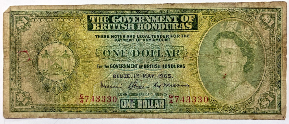 1965 British Honduras Belize $1 One Dollar Note - Good condition.