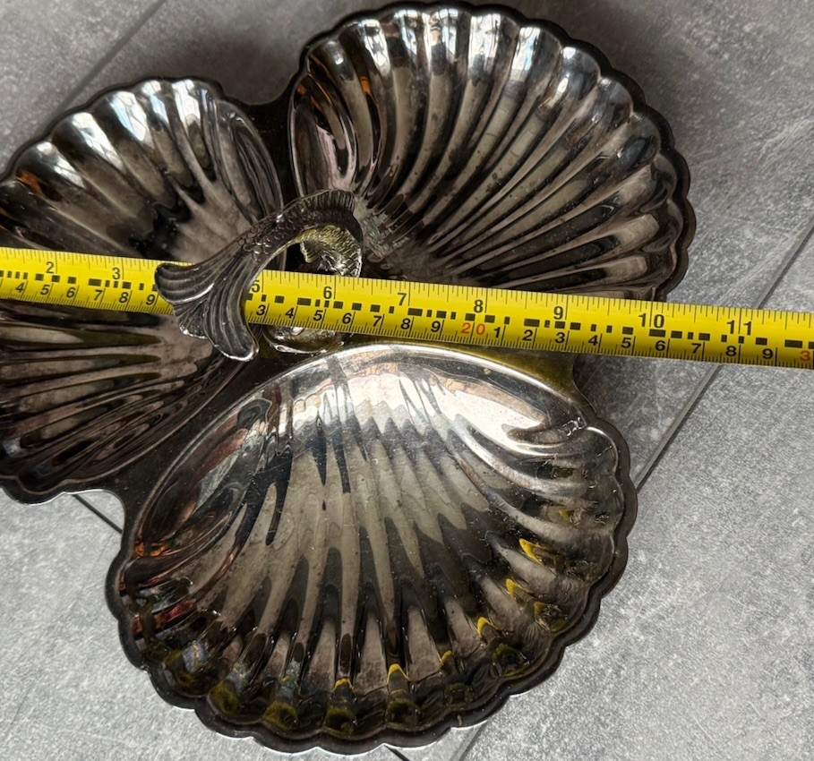 Silver Plated Three Scallop Shell Shaped Serving Dish Center Dolphin Handle