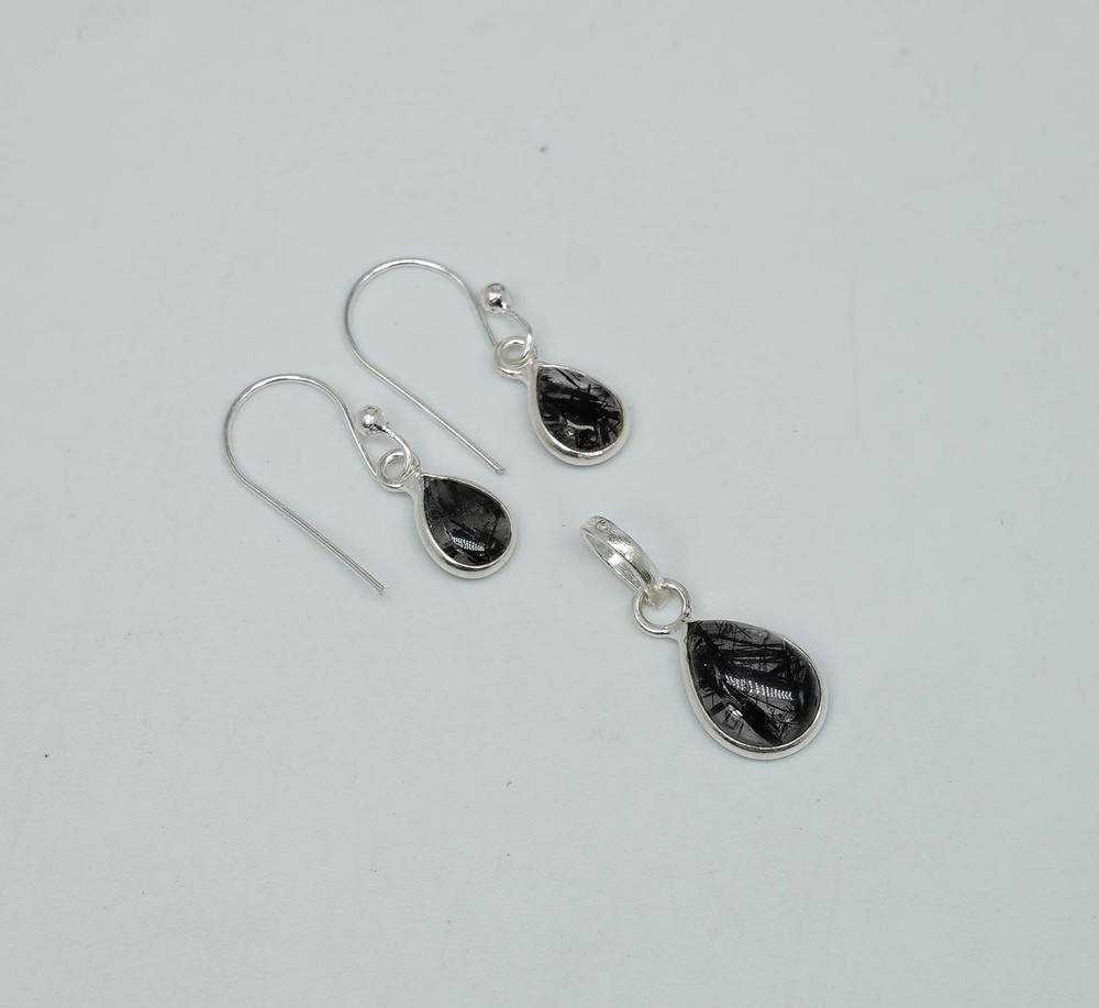 925 Solid Sterling Silver Black Rutile Hook Earring Pendant Set
