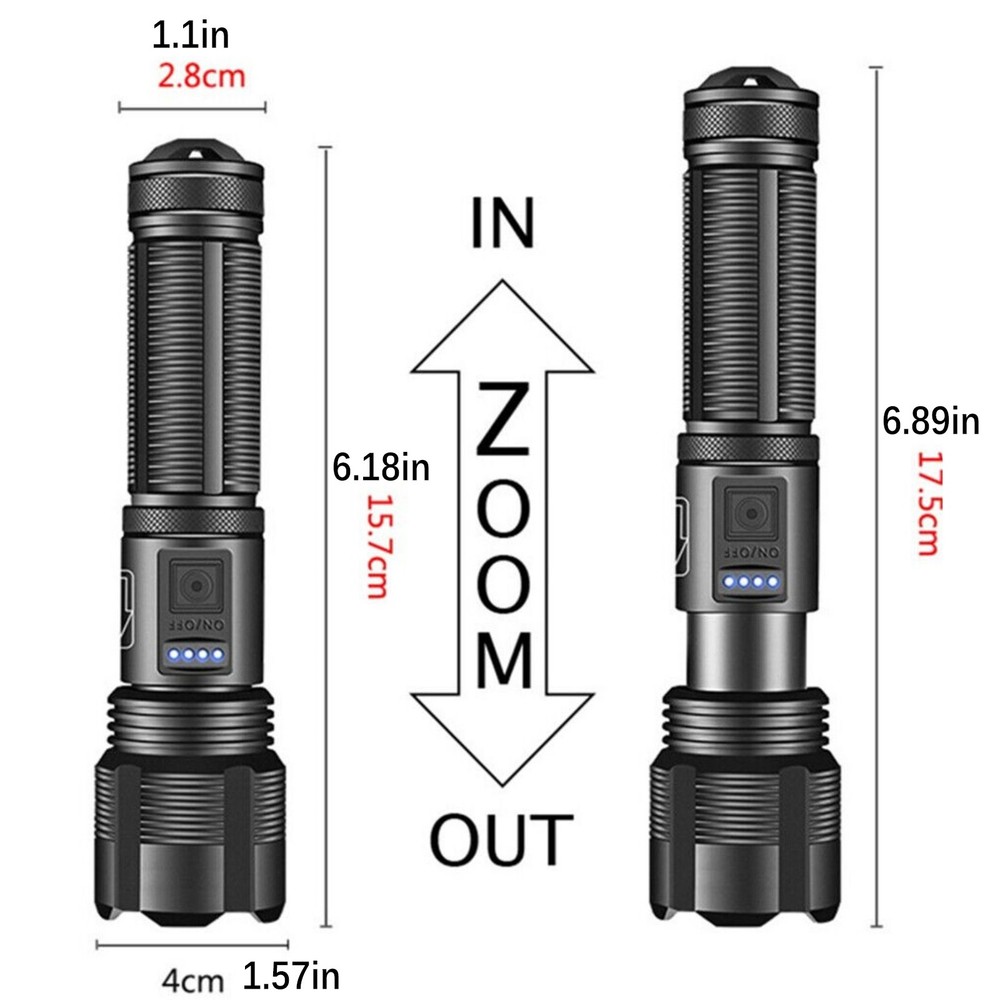 LED Flashlight Tactical Rechargeable Super Bright Work Lights Retractable Zoom