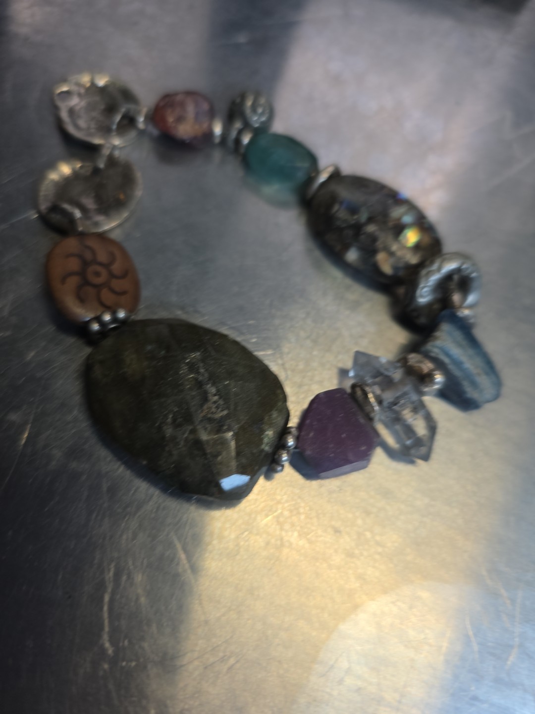 Vintage Handmade Chunky Statement Gemstone Bracelet Silver 7.5"