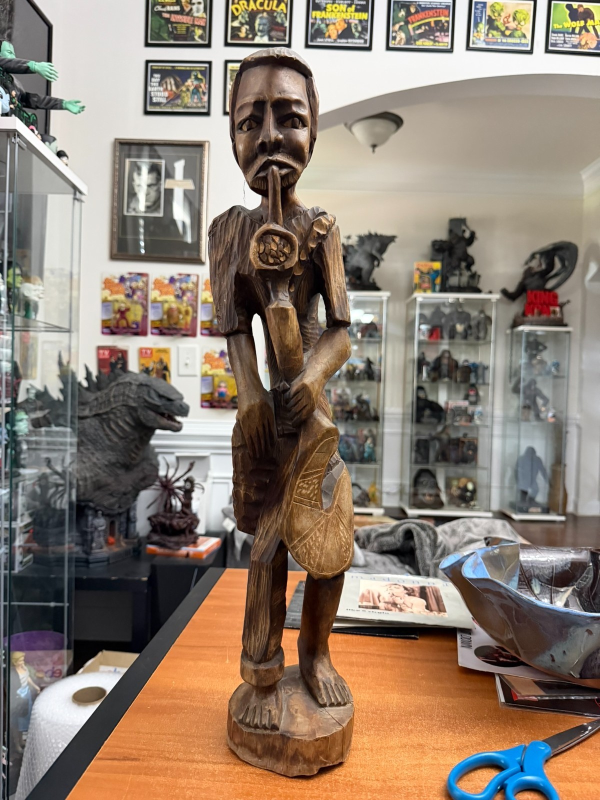 African Wood carved art Tribal 23 inch Man Smoking pipe healer