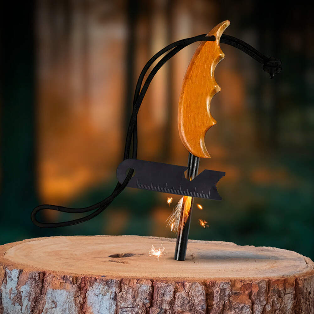 Dubrak Wood Handle Ferro Rod Fire Starter Flint + Fatwood + Burlap Bag