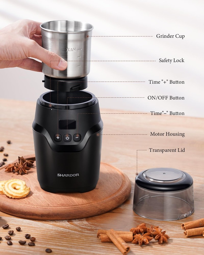 Adjustable Electric Coffee Bean Grinder, Super Silent with Smart Digital Timer