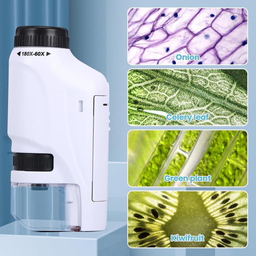 Portable Mini Microscope Handheld 60x-180x Lighted Microscope W/4 Slides, White