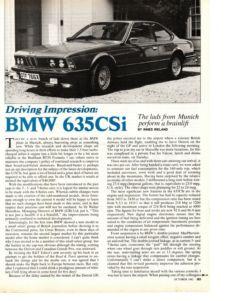 1983 BMW 635 CSi ~ ORIGINAL 2-PAGE ARTICLE / AD
