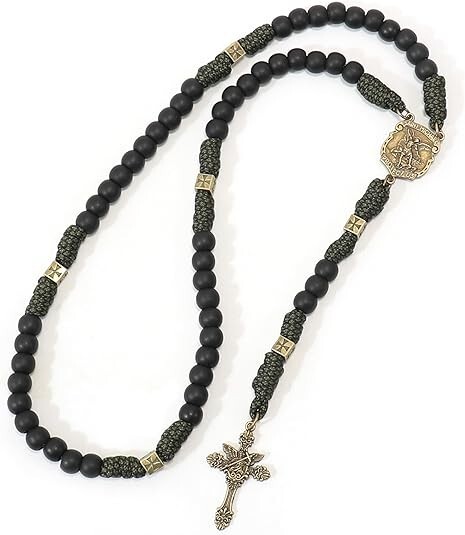 Antique Bronze Black Beads Paracord Rosary Necklace St. Michael Medal Chaplet