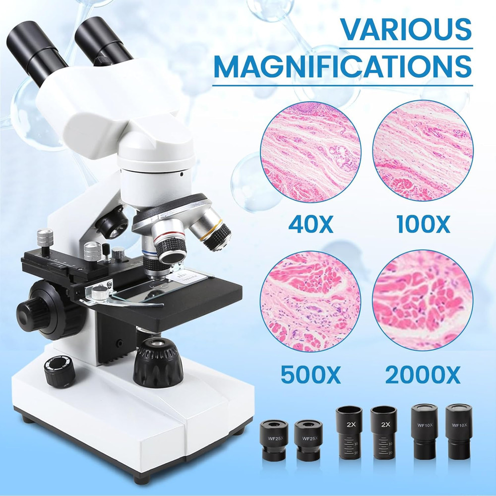 Compound Binocular Microscopes 40X-2000X with Microscope Prepared Slides 30P,For