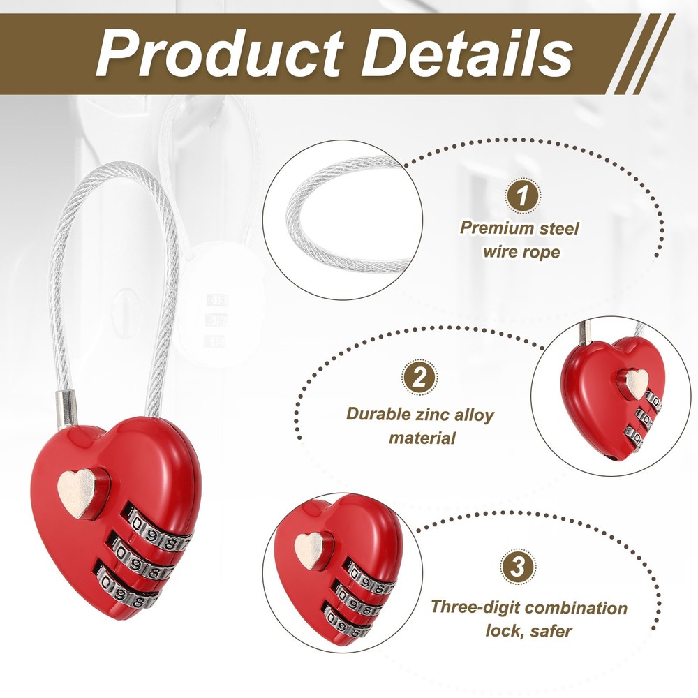2-Pack Combination Padlock, 3 Digit Heart Shaped Cable Luggage Lock [Red]