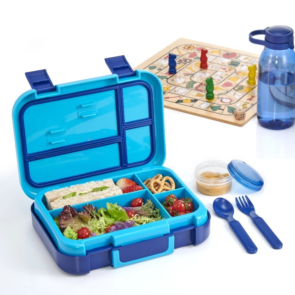 Plastic Bento Box with 4 Compartments, Fork, Spoon, 1 Dressing Container, Blue